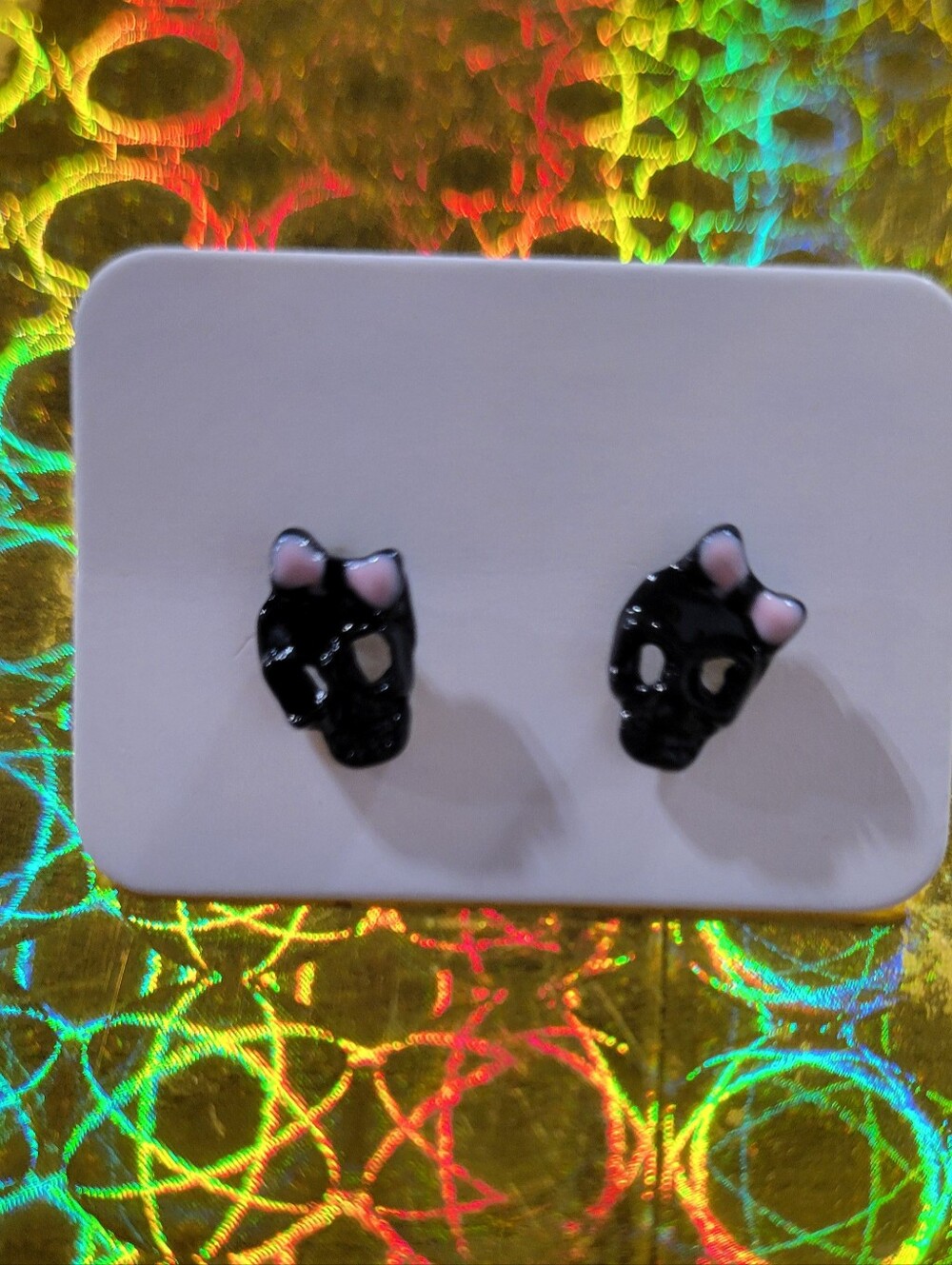 Kids Black Skull Stud Earrings with Pink Bows